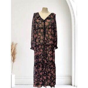 In Loom Women's M Black Sheer Floral Maxi Dress Ruffle Sleeve Boho Prairie Flowy